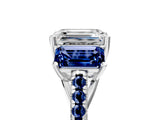 White gold Three-Stone Emerald Cut Diamond Ring with Round with Blue Sapphire side stone Pavé Band and Prong Setting_23