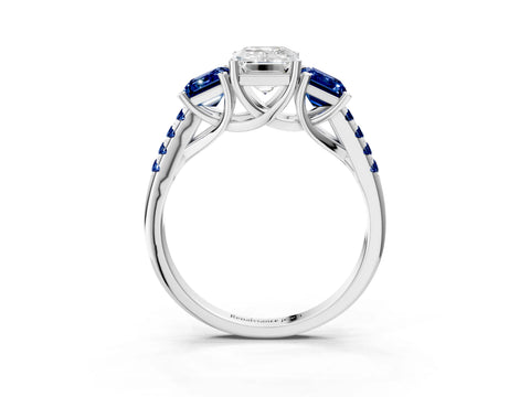 White gold Three-Stone Emerald Cut Diamond Ring with Round with Blue Sapphire side stone Pavé Band and Prong Setting_3