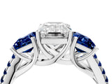 White gold Three-Stone Emerald Cut Diamond Ring with Round with Blue Sapphire side stone Pavé Band and Prong Setting_4