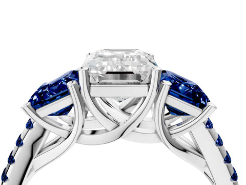 White gold Three-Stone Emerald Cut Diamond Ring with Round with Blue Sapphire side stone Pavé Band and Prong Setting_4