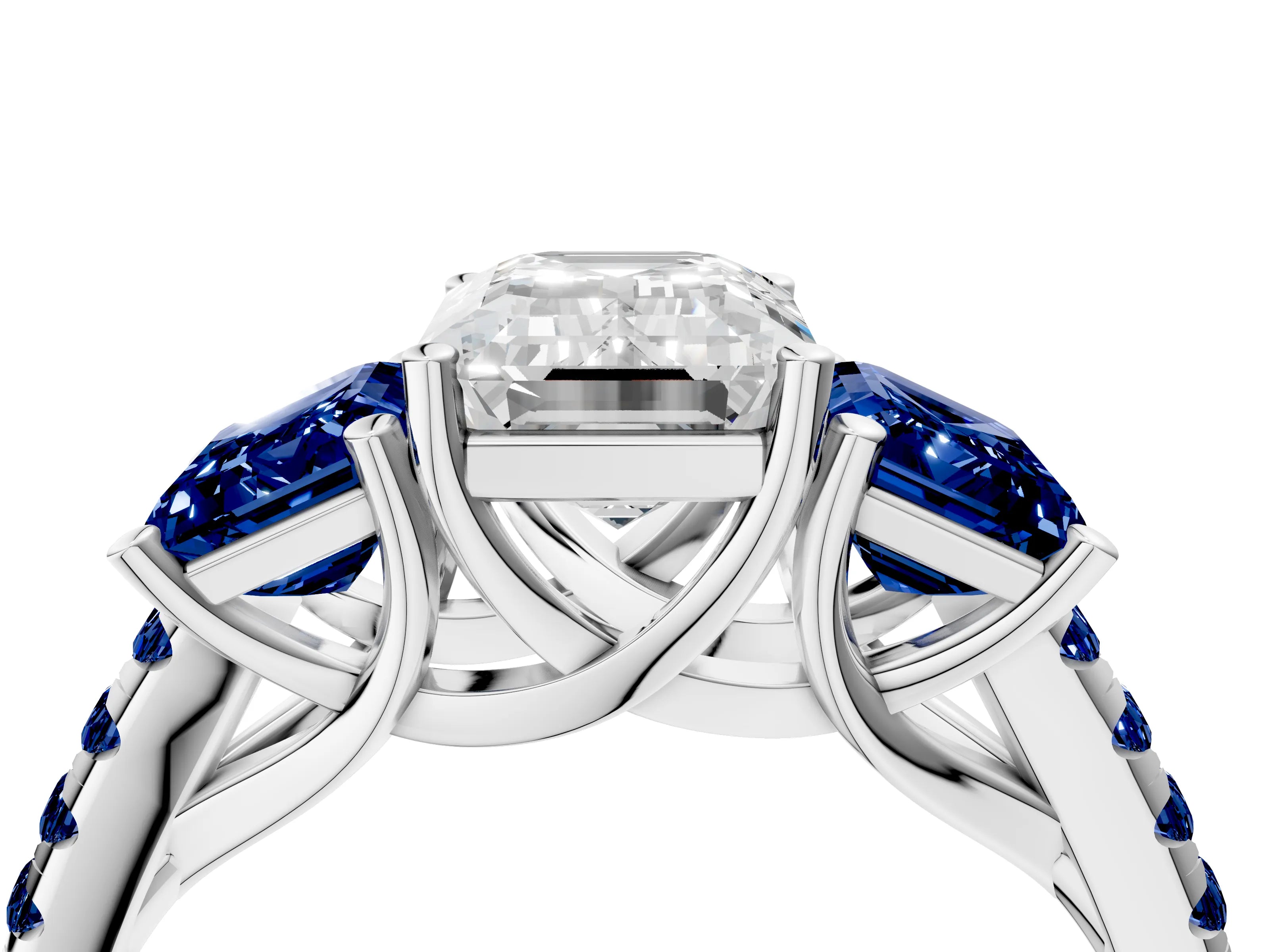 White gold Three-Stone Emerald Cut Diamond Ring with Round with Blue Sapphire side stone Pavé Band and Prong Setting_4