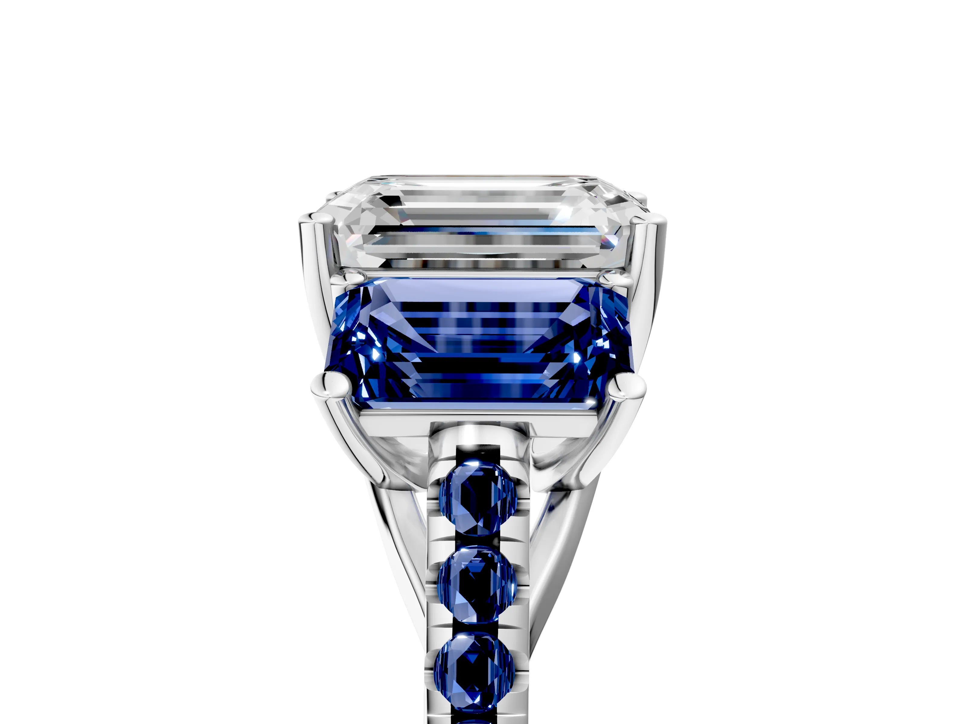 White gold Three-Stone Emerald Cut Diamond Ring with Round with Blue Sapphire side stone Pavé Band and Prong Setting_5