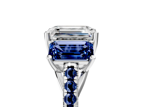 White gold Three-Stone Emerald Cut Diamond Ring with Round with Blue Sapphire side stone Pavé Band and Prong Setting_5