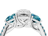 White gold Three-Stone Emerald Cut Diamond Ring with Round with Blue Topaz side stone Pavé Band and Prong Setting_16