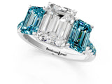 White gold Three-Stone Emerald Cut Diamond Ring with Round with Blue Topaz side stone Pavé Band and Prong Setting_1