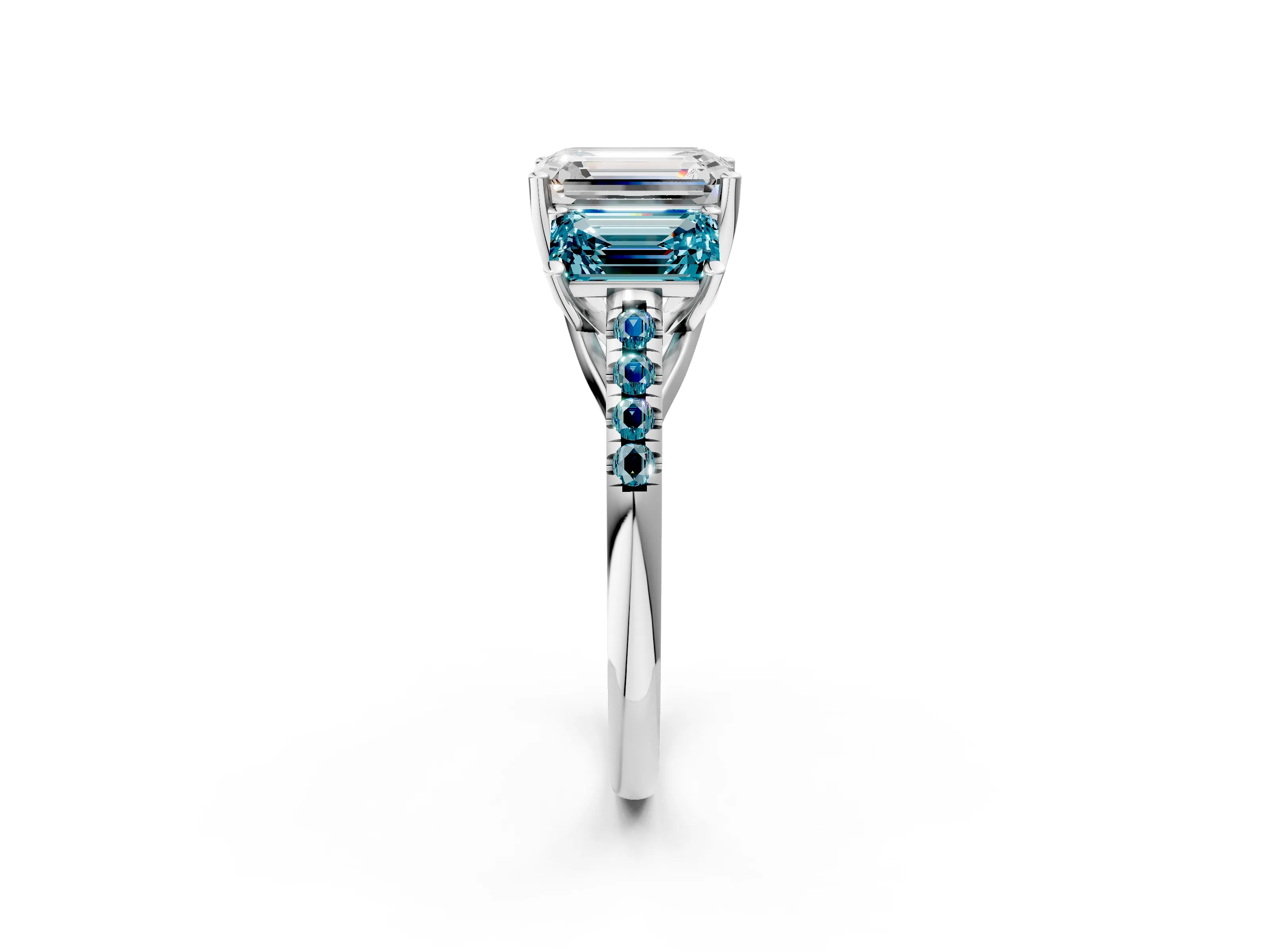 White gold Three-Stone Emerald Cut Diamond Ring with Round with Blue Topaz side stone Pavé Band and Prong Setting_2