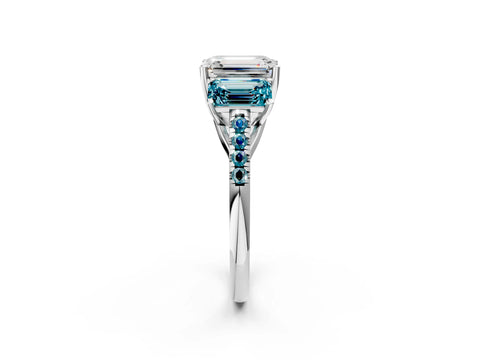 White gold Three-Stone Emerald Cut Diamond Ring with Round with Blue Topaz side stone Pavé Band and Prong Setting_2