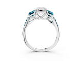 White gold Three-Stone Emerald Cut Diamond Ring with Round with Blue Topaz side stone Pavé Band and Prong Setting_3