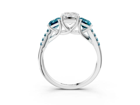 White gold Three-Stone Emerald Cut Diamond Ring with Round with Blue Topaz side stone Pavé Band and Prong Setting_3