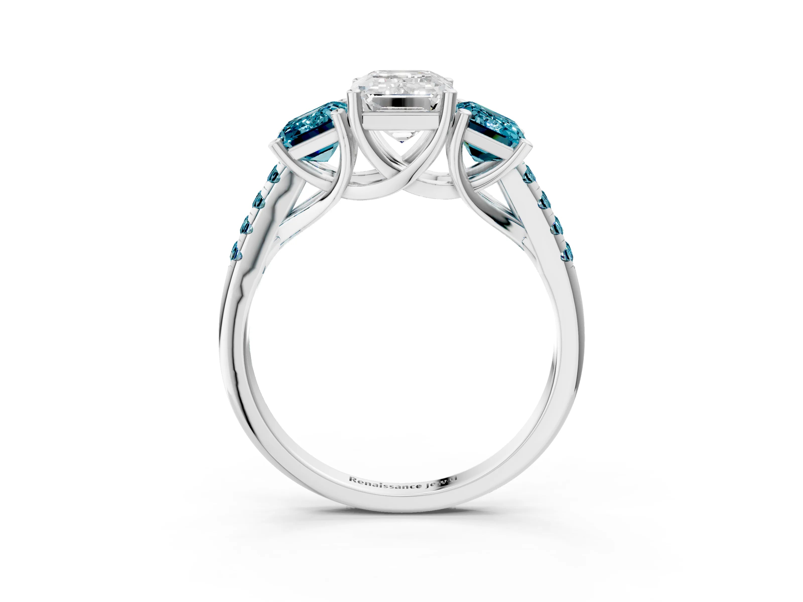 White gold Three-Stone Emerald Cut Diamond Ring with Round with Blue Topaz side stone Pavé Band and Prong Setting_3
