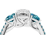 White gold Three-Stone Emerald Cut Diamond Ring with Round with Blue Topaz side stone Pavé Band and Prong Setting_4