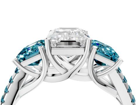 White gold Three-Stone Emerald Cut Diamond Ring with Round with Blue Topaz side stone Pavé Band and Prong Setting_4