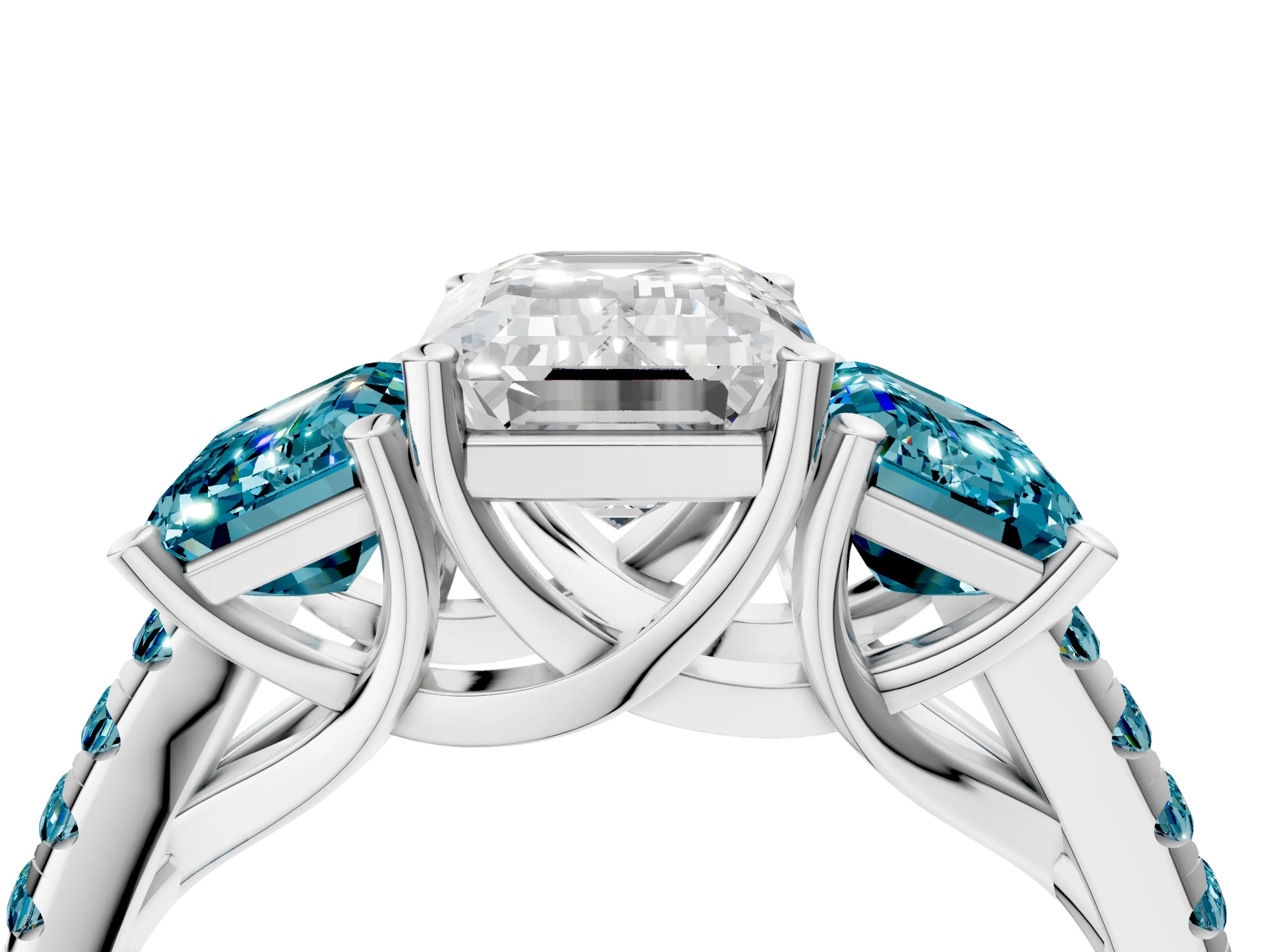 White gold Three-Stone Emerald Cut Diamond Ring with Round with Blue Topaz side stone Pavé Band and Prong Setting_4