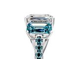 White gold Three-Stone Emerald Cut Diamond Ring with Round with Blue Topaz side stone Pavé Band and Prong Setting_5