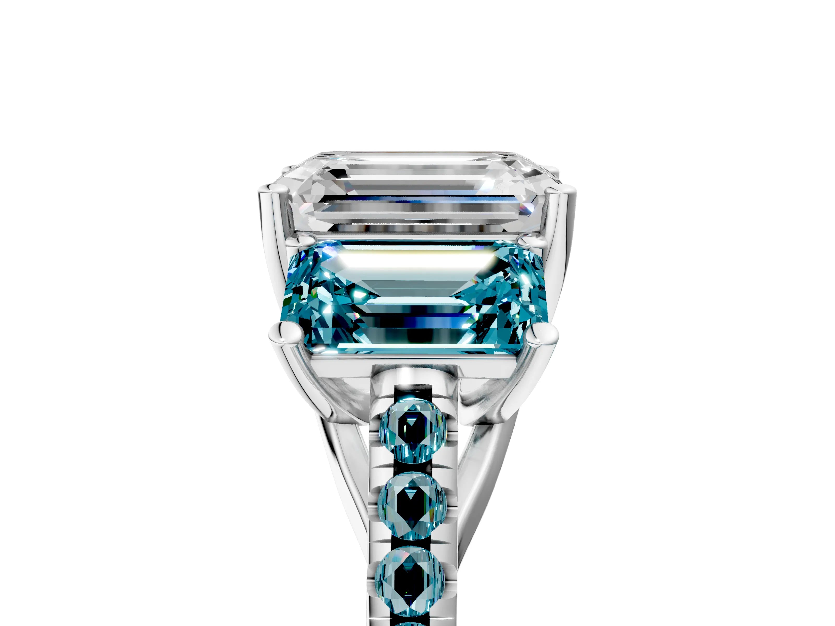 White gold Three-Stone Emerald Cut Diamond Ring with Round with Blue Topaz side stone Pavé Band and Prong Setting_5