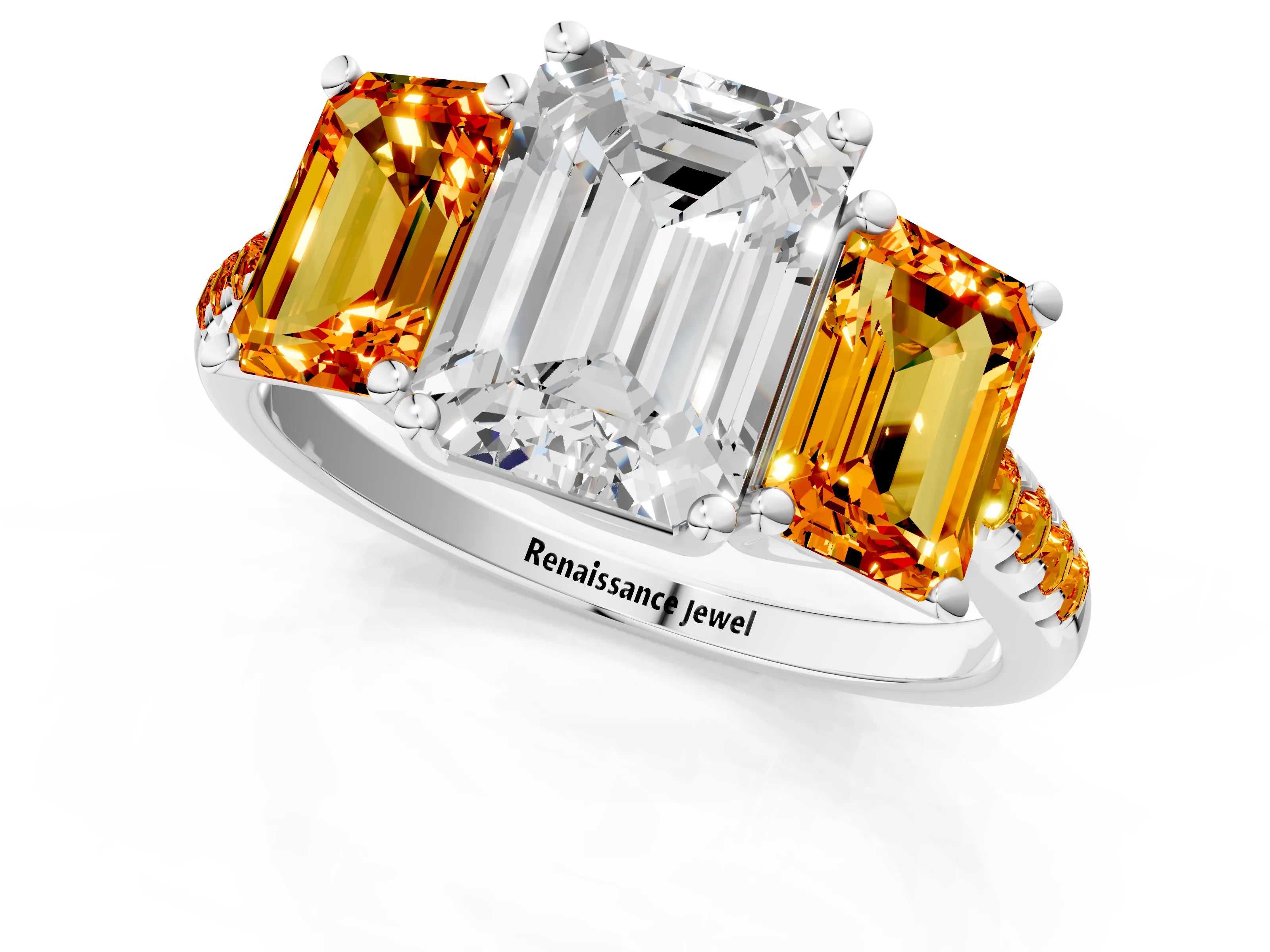 White gold Three-Stone Emerald Cut Diamond Ring with Round with Citrine side stone Pavé Band and Prong Setting_1