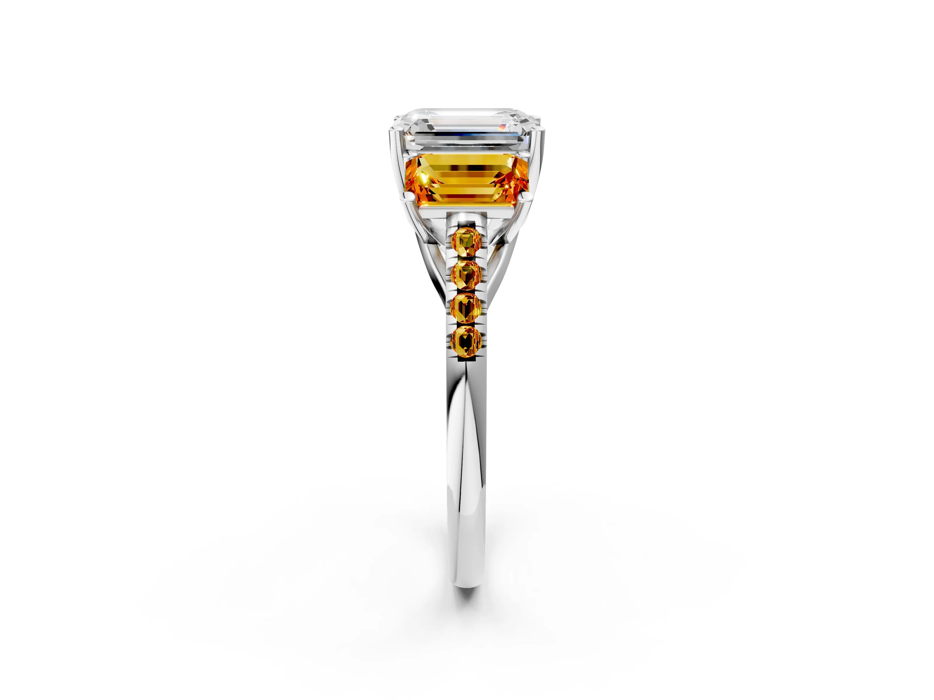 White gold Three-Stone Emerald Cut Diamond Ring with Round with Citrine side stone Pavé Band and Prong Setting_2