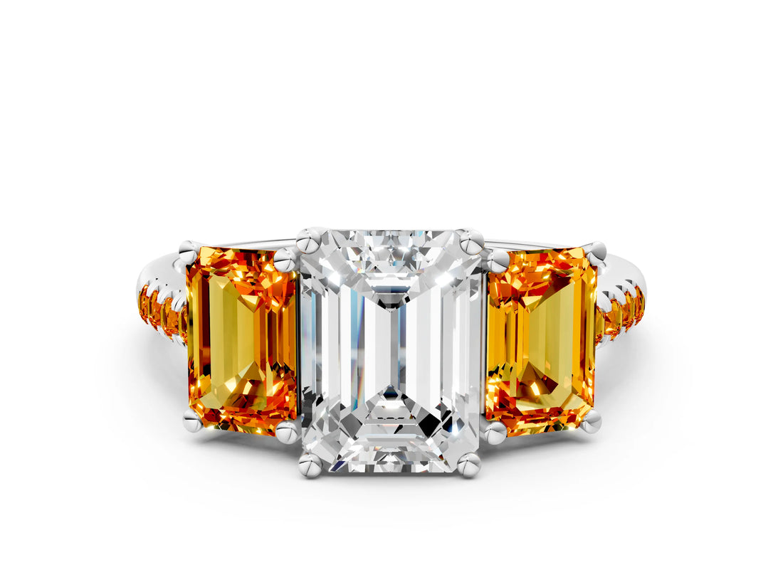 White gold Three-Stone Emerald Cut Diamond Ring with Round with Citrine side stone Pavé Band and Prong Setting_24