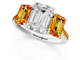 White gold Three-Stone Emerald Cut Diamond Ring with Round with Citrine side stone Pavé Band and Prong Setting_25