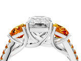 White gold Three-Stone Emerald Cut Diamond Ring with Round with Citrine side stone Pavé Band and Prong Setting_28