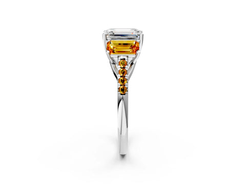 White gold Three-Stone Emerald Cut Diamond Ring with Round with Citrine side stone Pavé Band and Prong Setting_2