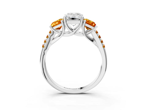 White gold Three-Stone Emerald Cut Diamond Ring with Round with Citrine side stone Pavé Band and Prong Setting_3