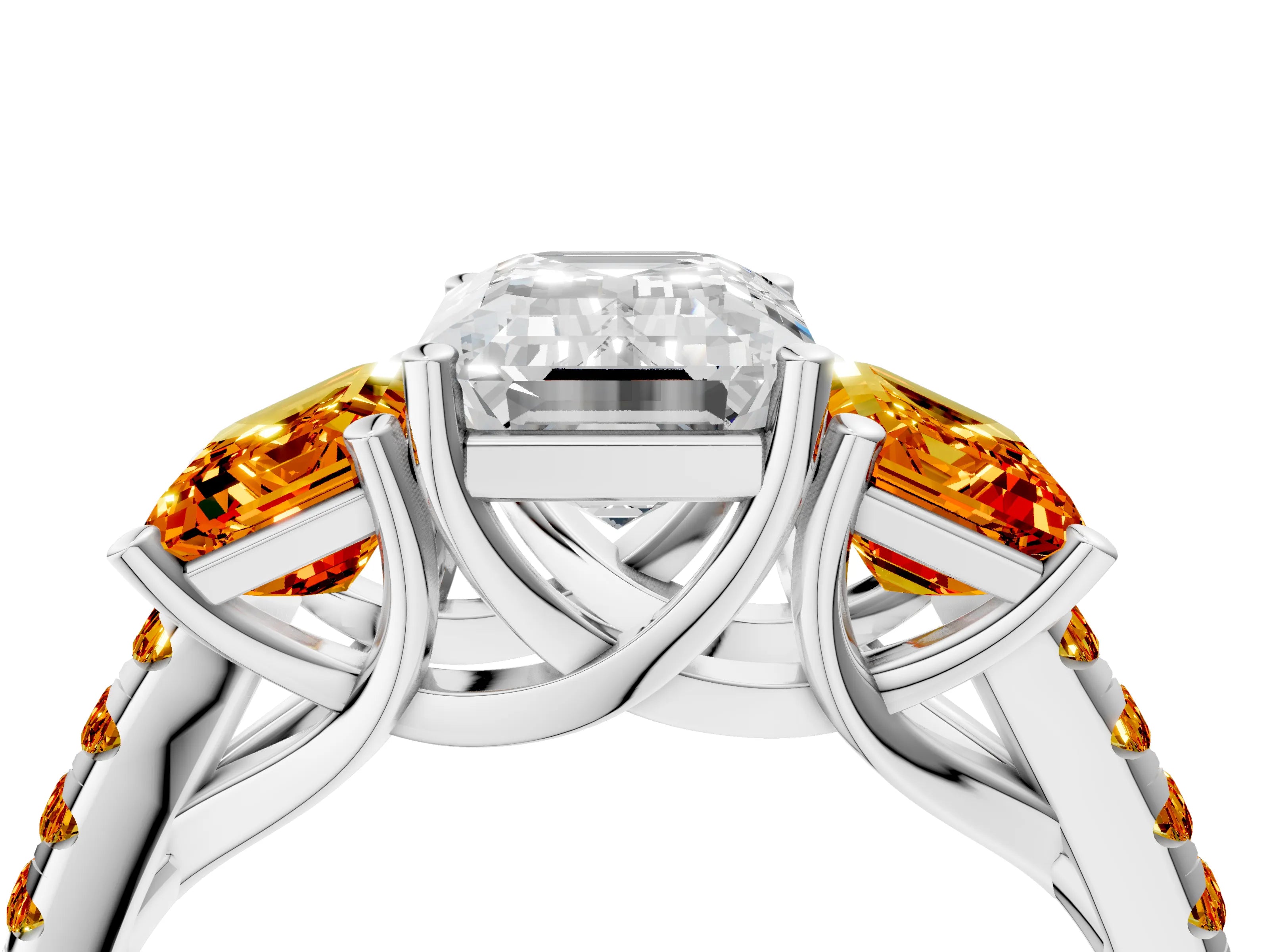 White gold Three-Stone Emerald Cut Diamond Ring with Round with Citrine side stone Pavé Band and Prong Setting_4