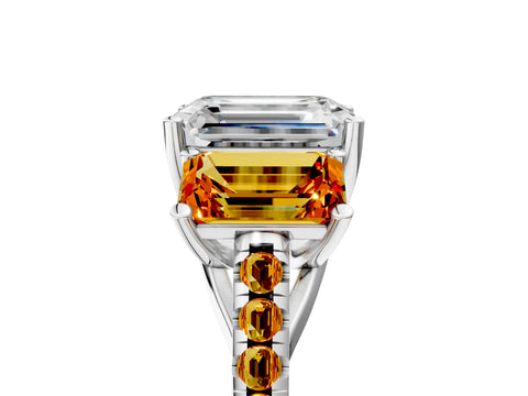 White gold Three-Stone Emerald Cut Diamond Ring with Round with Citrine side stone Pavé Band and Prong Setting_5