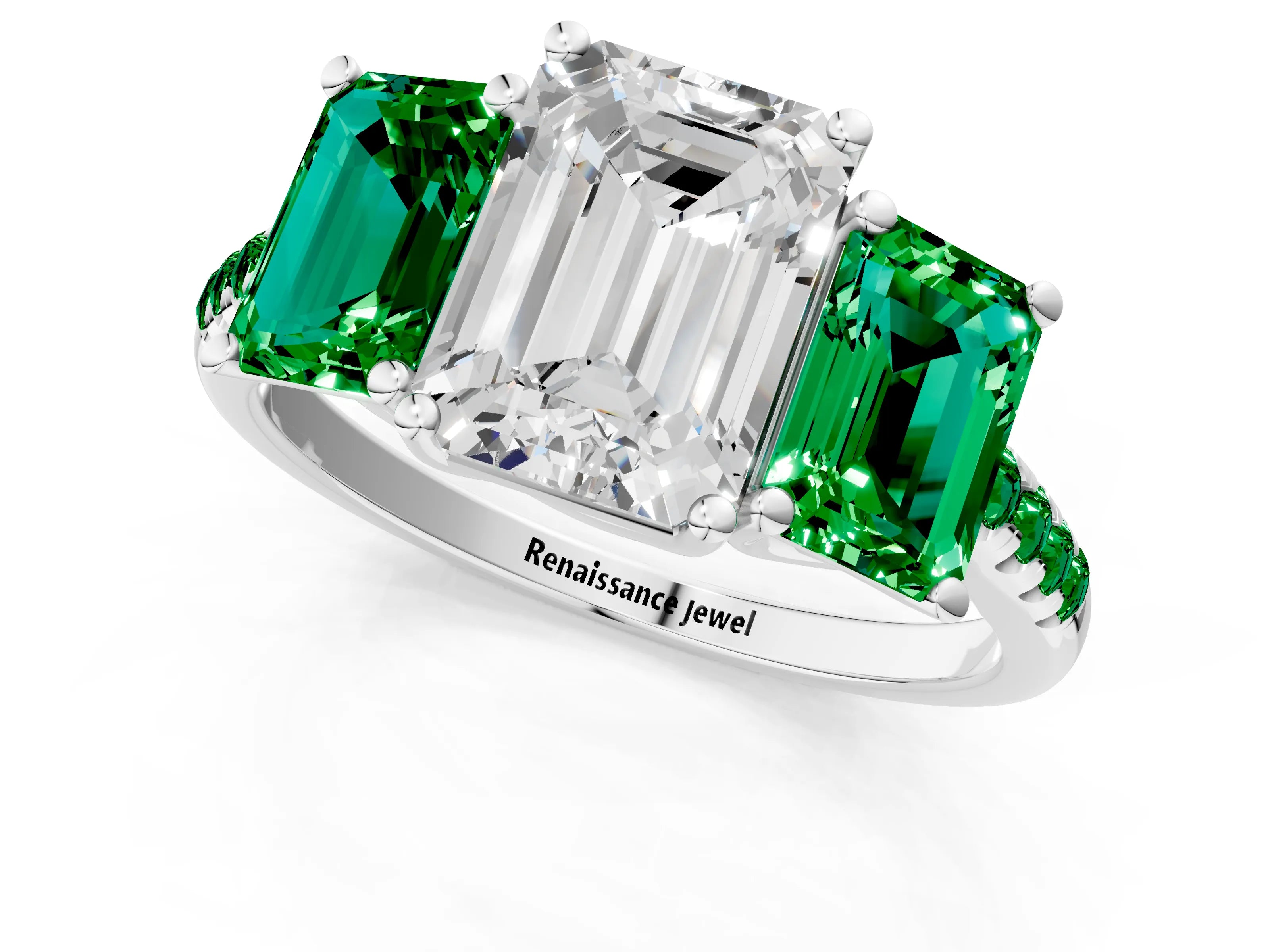 White gold Three-Stone Emerald Cut Diamond Ring with Round with Emerald side stone Pavé Band and Prong Setting_1