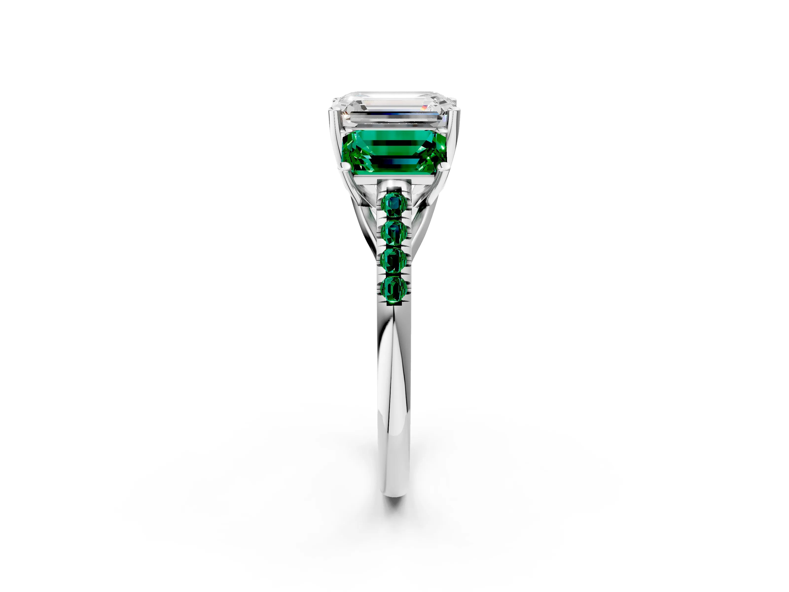 White gold Three-Stone Emerald Cut Diamond Ring with Round with Emerald side stone Pavé Band and Prong Setting_2