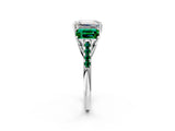 White gold Three-Stone Emerald Cut Diamond Ring with Round with Emerald side stone Pavé Band and Prong Setting_2