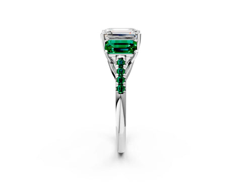 White gold Three-Stone Emerald Cut Diamond Ring with Round with Emerald side stone Pavé Band and Prong Setting_2