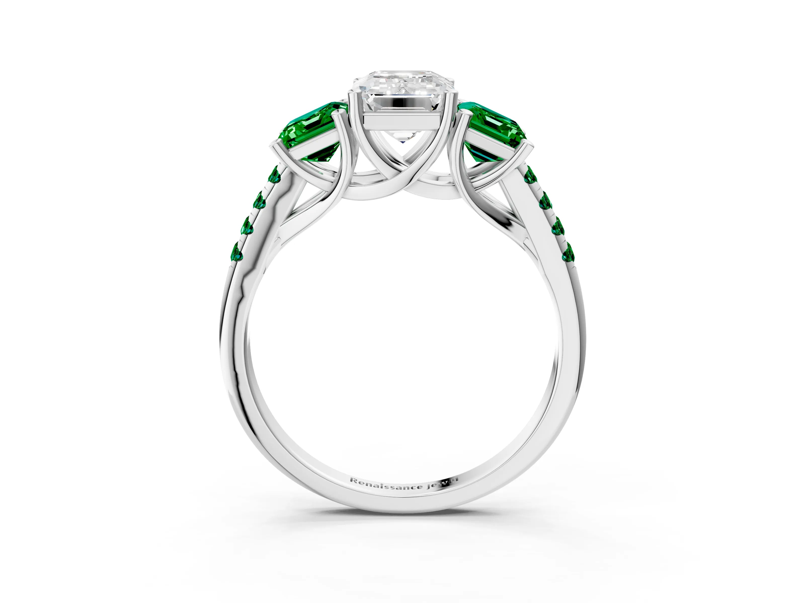 White gold Three-Stone Emerald Cut Diamond Ring with Round with Emerald side stone Pavé Band and Prong Setting_3