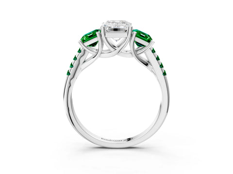 White gold Three-Stone Emerald Cut Diamond Ring with Round with Emerald side stone Pavé Band and Prong Setting_3