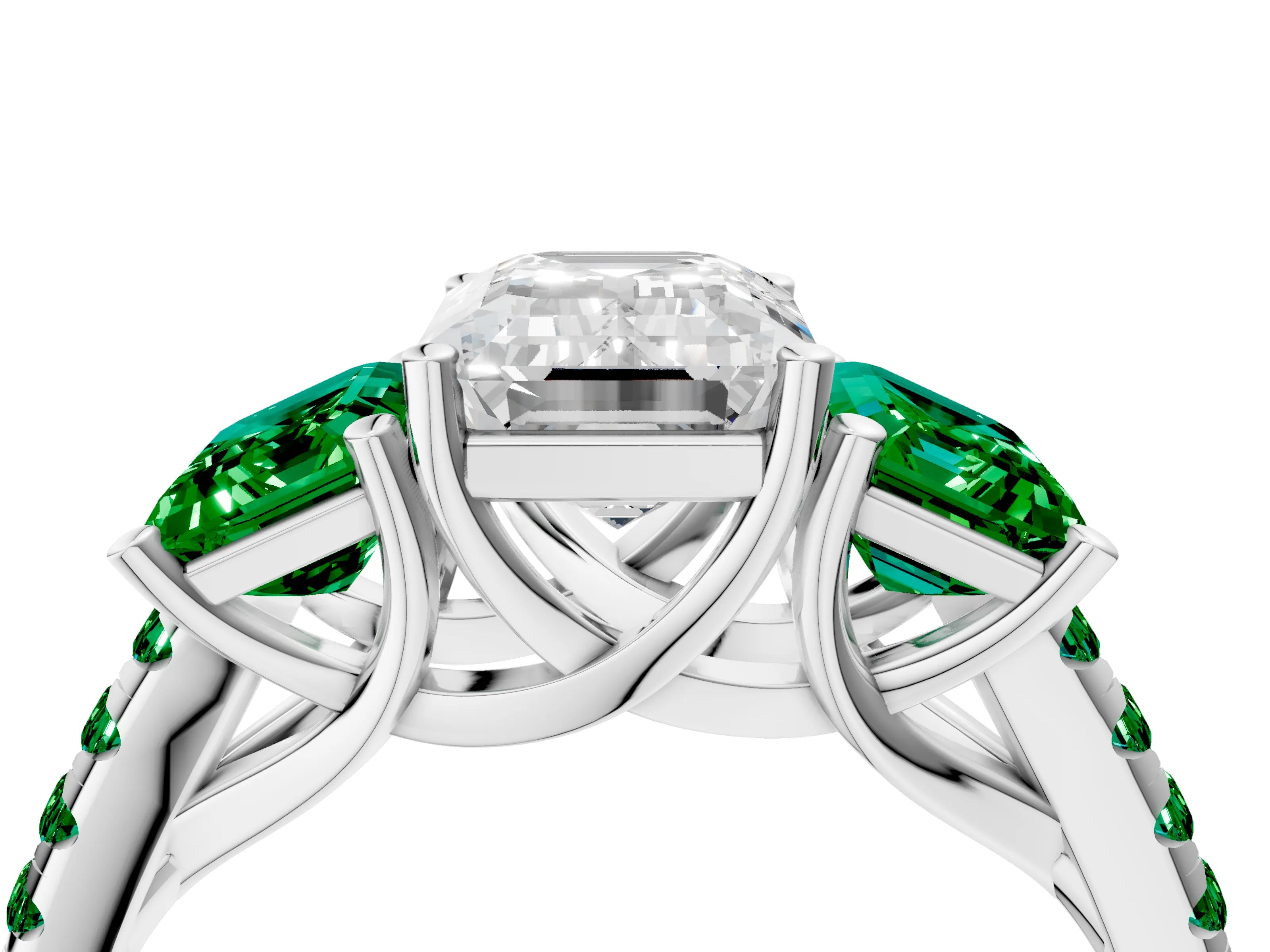 White gold Three-Stone Emerald Cut Diamond Ring with Round with Emerald side stone Pavé Band and Prong Setting_4