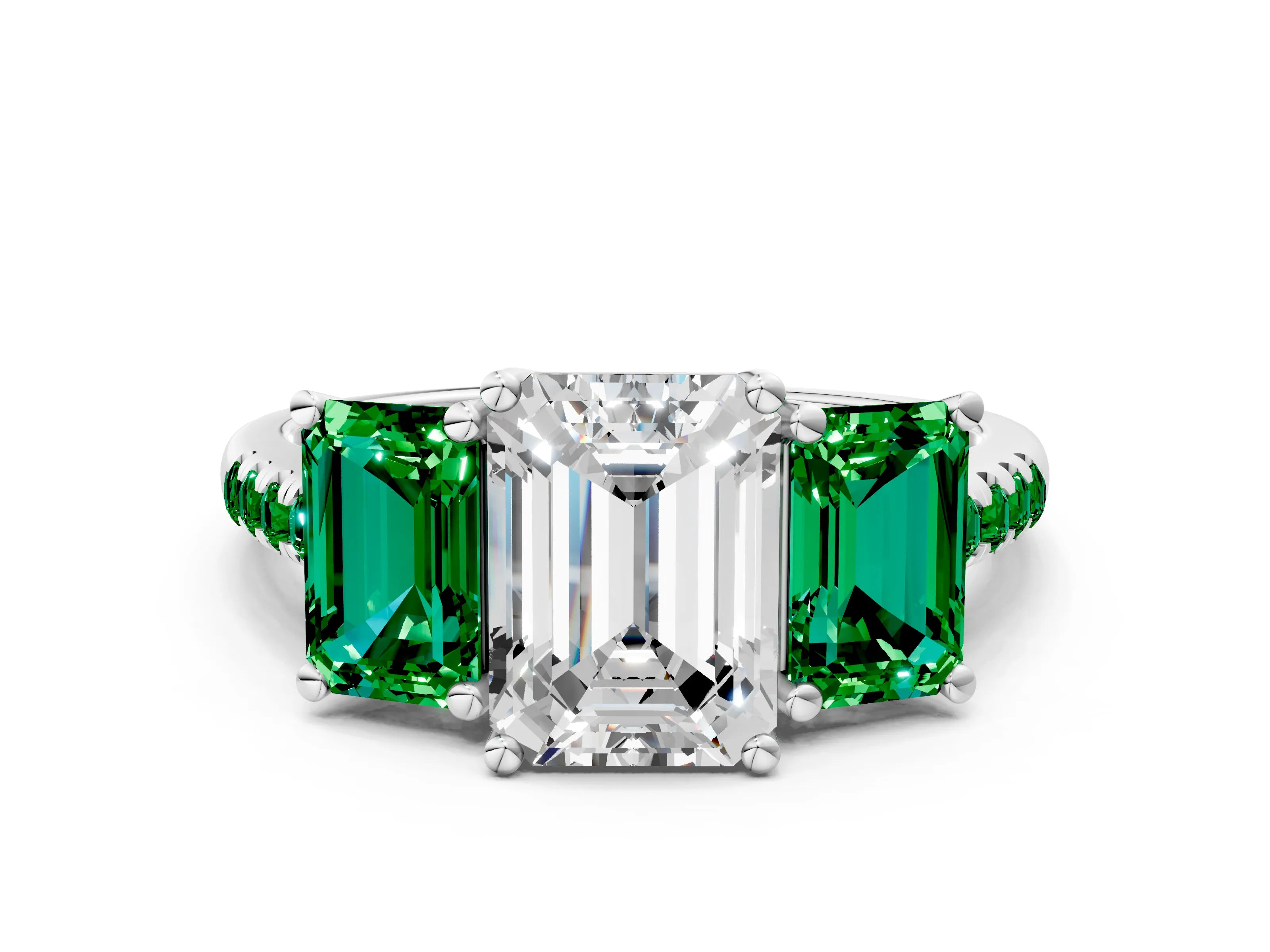 White gold Three-Stone Emerald Cut Diamond Ring with Round with Emerald side stone Pavé Band and Prong Setting