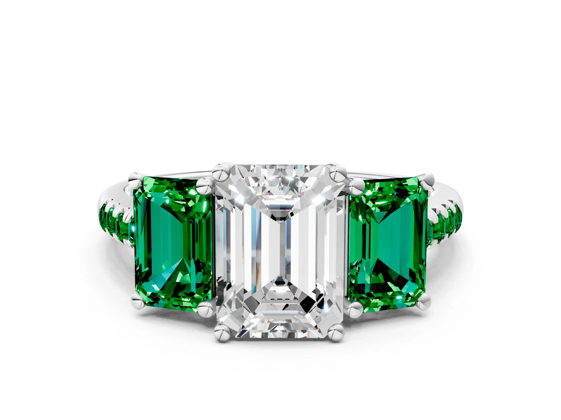 White gold Three-Stone Emerald Cut Diamond Ring with Round with Emerald side stone Pavé Band and Prong Setting