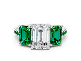 White gold Three-Stone Emerald Cut Diamond Ring with Round with Emerald side stone Pavé Band and Prong Setting