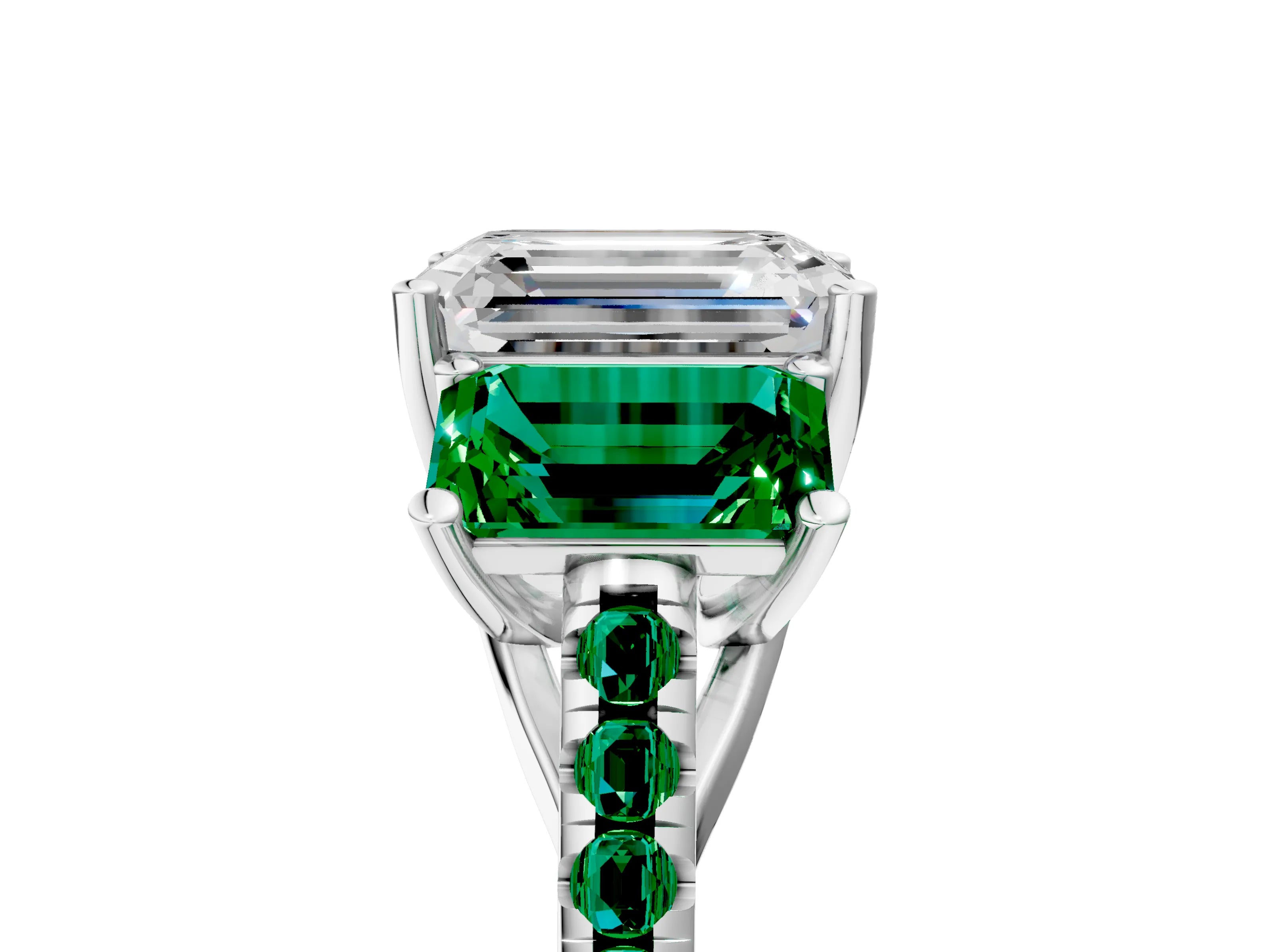 White gold Three-Stone Emerald Cut Diamond Ring with Round with Emerald side stone Pavé Band and Prong Setting_5