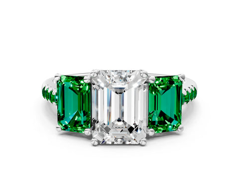 White gold Three-Stone Emerald Cut Diamond Ring with Round with Emerald side stone Pavé Band and Prong Setting