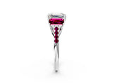 White gold Three-Stone Emerald Cut Diamond Ring with Round with Garnet side stone Pavé Band and Prong Setting_14