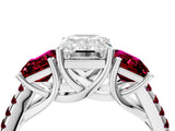 White gold Three-Stone Emerald Cut Diamond Ring with Round with Garnet side stone Pavé Band and Prong Setting_16