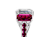 White gold Three-Stone Emerald Cut Diamond Ring with Round with Garnet side stone Pavé Band and Prong Setting_17