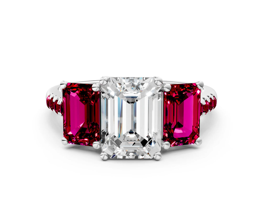 White gold Three-Stone Emerald Cut Diamond Ring with Round with Garnet side stone Pavé Band and Prong Setting_18
