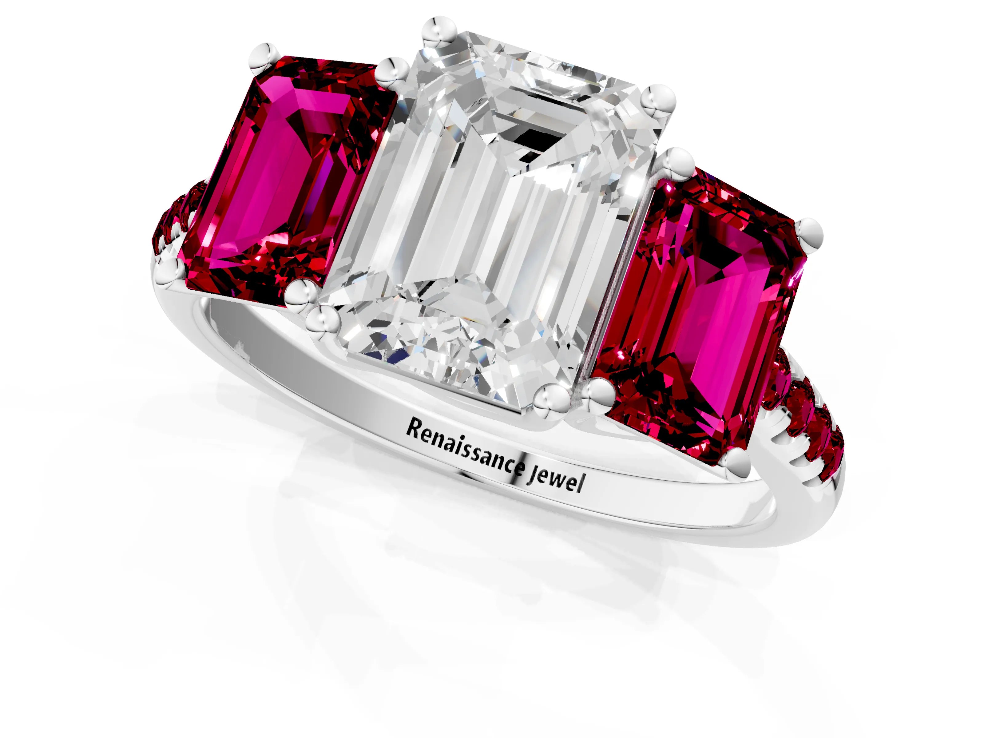 White gold Three-Stone Emerald Cut Diamond Ring with Round with Garnet side stone Pavé Band and Prong Setting_1