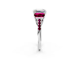 White gold Three-Stone Emerald Cut Diamond Ring with Round with Garnet side stone Pavé Band and Prong Setting_2