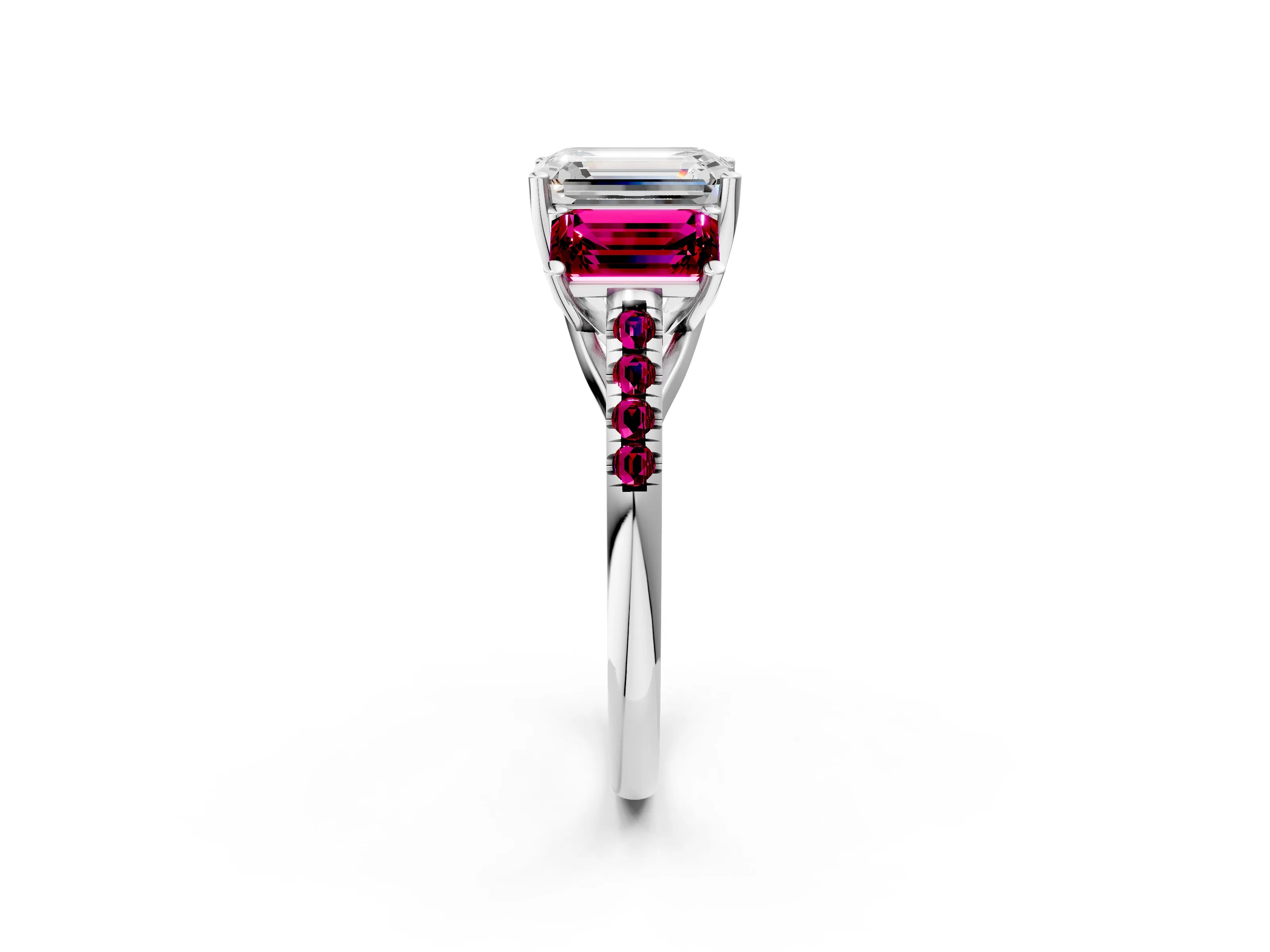 White gold Three-Stone Emerald Cut Diamond Ring with Round with Garnet side stone Pavé Band and Prong Setting_2