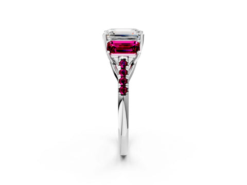 White gold Three-Stone Emerald Cut Diamond Ring with Round with Garnet side stone Pavé Band and Prong Setting_2