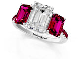 White gold Three-Stone Emerald Cut Diamond Ring with Round with Garnet side stone Pavé Band and Prong Setting_35