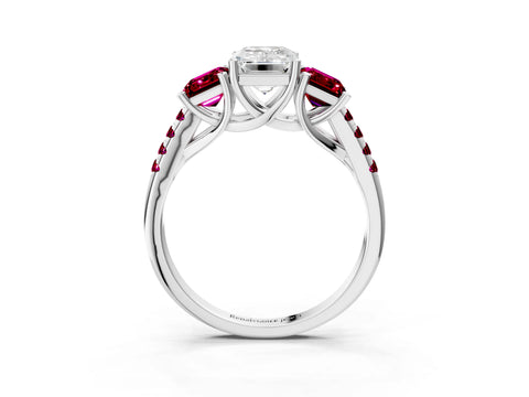 White gold Three-Stone Emerald Cut Diamond Ring with Round with Garnet side stone Pavé Band and Prong Setting_3
